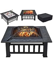 Yaheetech Multifunctional Fire Pit Table 32in Square Metal Firepit Stove Backyard Patio Garden Fireplace for Camping, Outdoor Heating, Bonfire and Picnic
