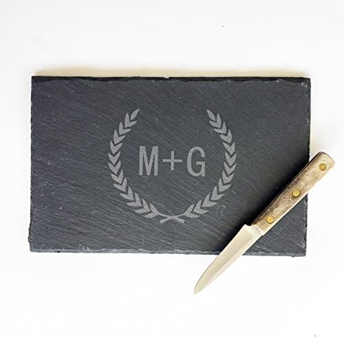 Slate Couples Cheese Board with Laurel Leaf Design 10" x 6" Personalized Wedding Gift