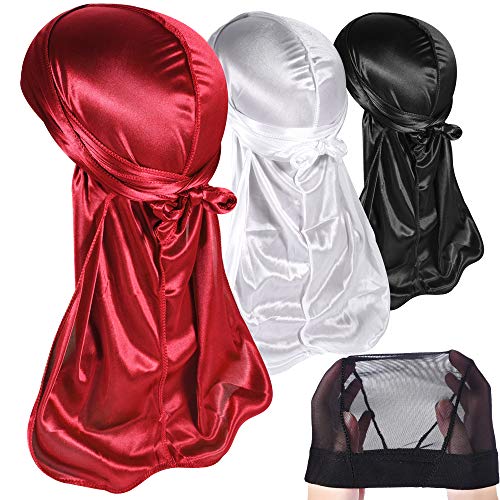 Silky Durags Pack for Men, 3pcs Satin or Holographic Doo Rag, Award 1 Wave Cap,Style G