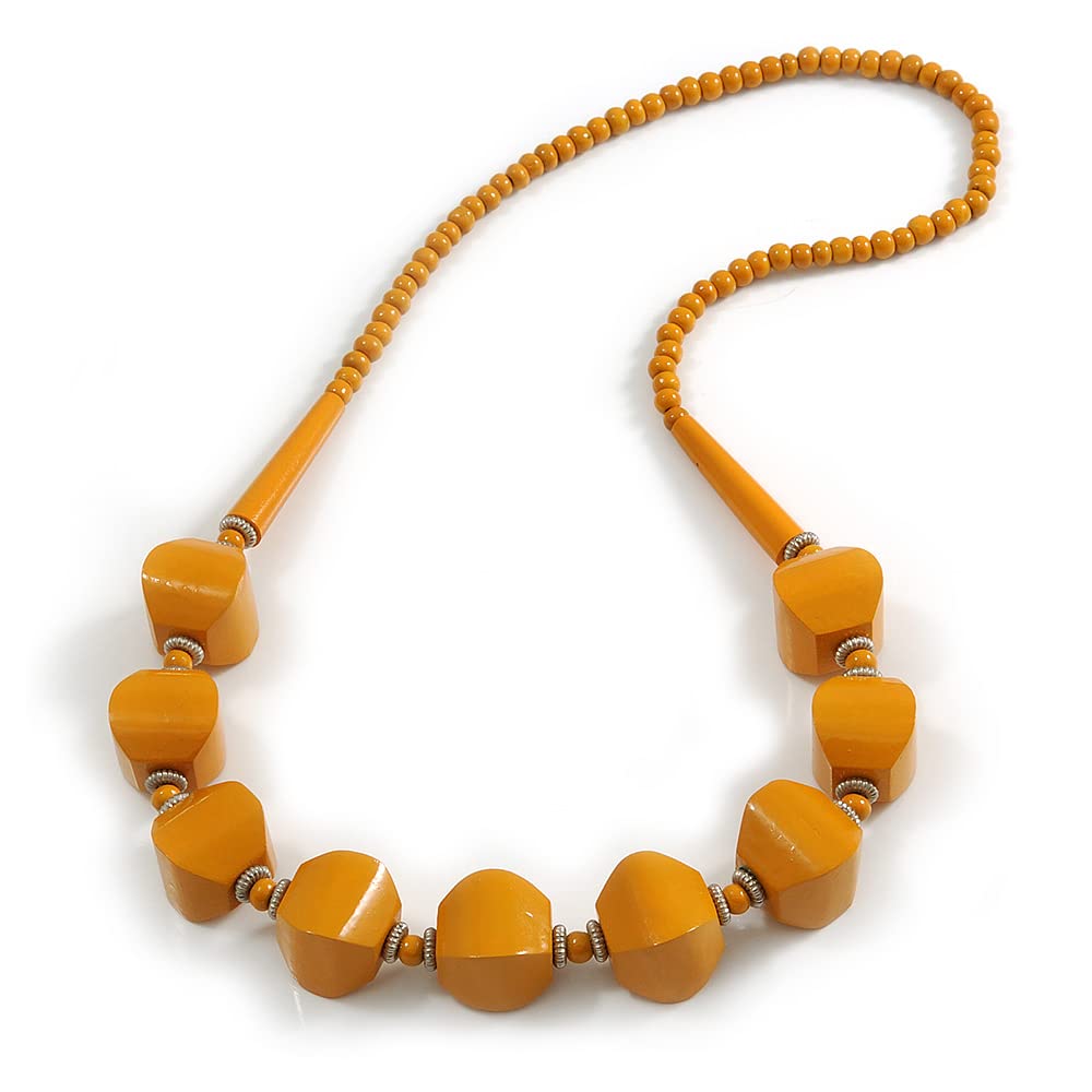 Avalaya Mustard Yellow Painted Wooden Bead Long Necklace - 80cm Long