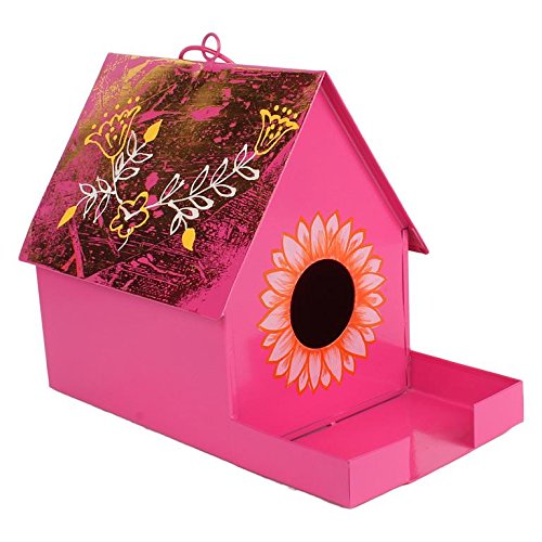 Wonderland Bird House With Feeder With Rope In Pink Bird House