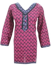 Mogul Women's Tunic Top Floral Pink Boho Blouse Kurta Medium
