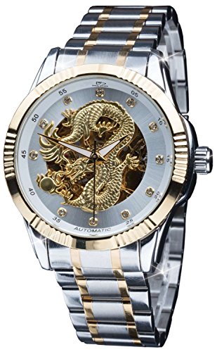 Daniel Steiger Dragon Automatic Men's Watch - Golden Chinese Dragon Dial with White Surround - Crystal Hour Markers - Two-Tone Gold & Steel Finish