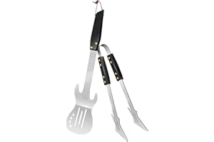 PEPKICN Rock Guitar Style Heavy Duty Stainless Steel 2-Piece Barbecue Tool Set - Spatula & Tongs with Wooden Handle