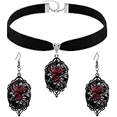 GYRMMUE Gothic Rose Flower Necklace Earring Set for Women,Vintage Crystal Cameo Glass Necklaces Earrings Punk Dark Victorian Roses Flower Jewelry Black Velvet Choker Halloween Cosplay Accessories