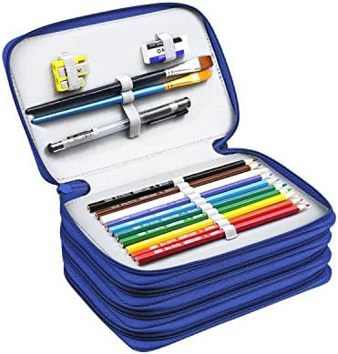 72 Slots Pencil Case, KinHom Handy Large Capacity Oxford Multi-layer Zipper Pen Holder Stationary Bags for Watercolor Gel Colored Ordinary Pencils Cosmetic Makeup Brush (Blue)