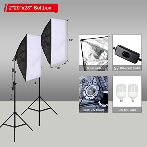 Belle Max (2)20"x28"Photography Softbox Lighting Kit Photo Studio Equipment，Including (2) 28W LED Bulbs,(1)24" 2-in-1Reflector, Ideal for any vlog, portrait, costume and object photography - Thumbnail 2