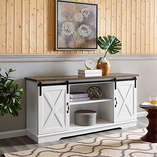Home Accent Furnishings New 58 Inch Sliding Barn Door TV Console Solid White with Rustic Oak Colored Top