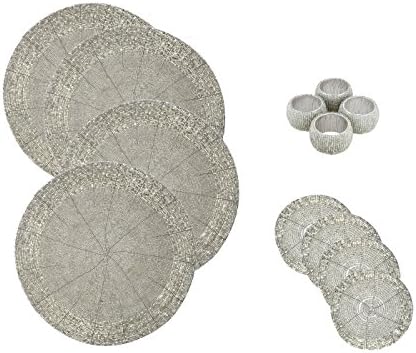4 Beaded Round Ethnic Placemat/Tablemat(Dia - 12") with 4 Tea Cup Coaster(Dia - 4") and 4 Napkin Ring(Dia -1.5"), Decorative Item, Gifts Purpose, Dining Accessories