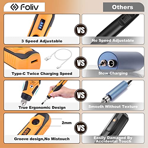 Foliv Cordless Rotary Tools, 4V Rotary Tool Kit with USB-C Charging, Mini Rotary Tool Wireless 3 Speed Adjustable for Sanding Cutting Drilling Cleaning Polishing Engraving, Suits for Light Projects