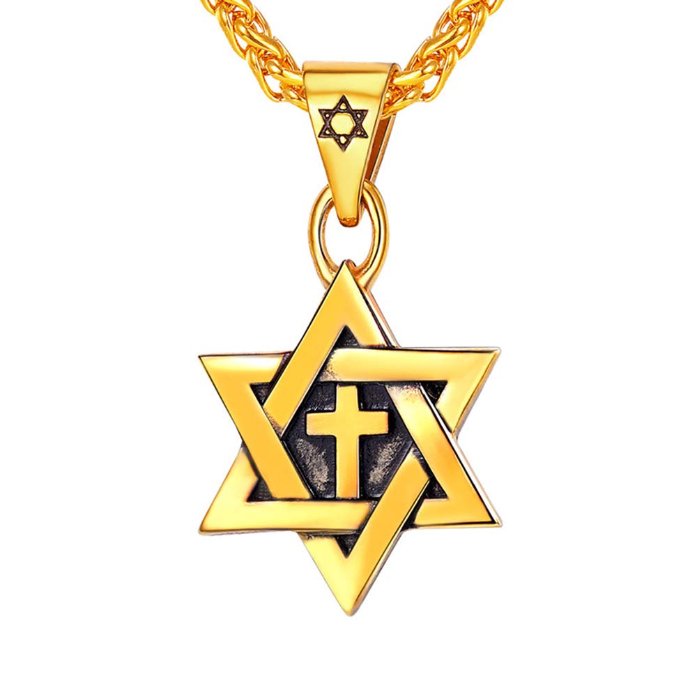 U7 Magen David With Cross Pendant Necklace For Men Jewish Magen, Bat Mitzvah Gift, Gold Plated Stainless Steel Star of David Jewellery Hexagram Israel Judaism Necklace — image 1