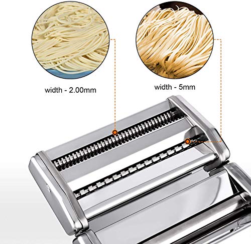 Stainless Steel Manual Pasta Maker | Pasta Machine With Adjustable Thickness Settings | Perfect for Professional Homemade Spaghetti and Fettuccini | Includes Removable Handle and Clamp