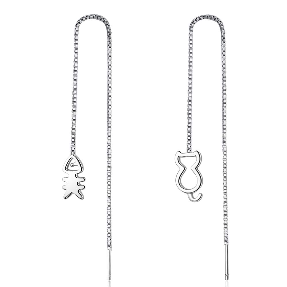 Cute Cat Drop Dangle Earrings for Women/Girls 925 Sterling Silver Chain Ear Thread Dangle Earring (S04)