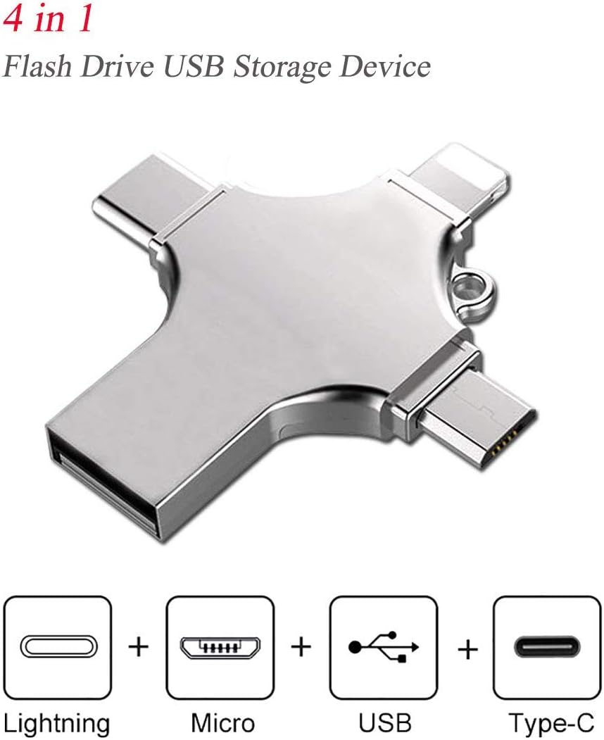 4 in 1 USB 128GB iPhone Flash Drive for iPhone 5/6/7/8 XR XS MAX X ipad Mac pro 4 in 1 Multi Functional Memory External Storage for iOS Android Phones,iPad Air,New iPad Pro USB C Devices