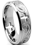 7MM Titanium Ring Wedding Band With Cross Cut Out and Engraved Floral Design Sizes 6 to 13