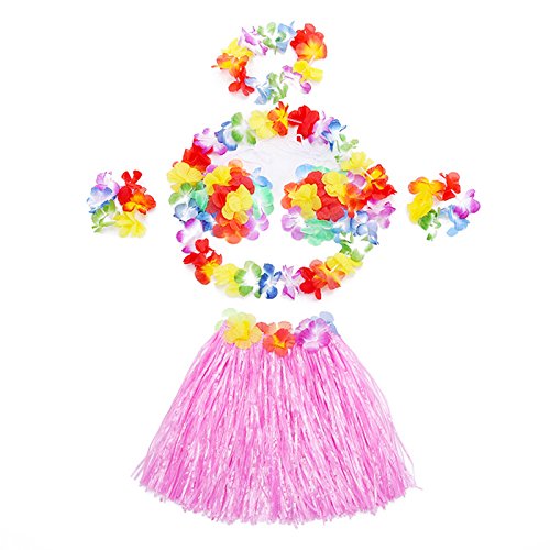 T-PERFECT LIFE Kids Hawaii Grass Hula Skirt Floral Leis Costume Suit