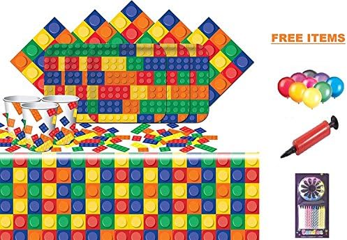Block Party Kids Birthday Supplies Tableware Party Cups Plates TableCover Napkins for 16 Guests FREE BALLOON BALLOON PUMP CANDLES