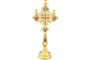 RZRHMUHN Large Orthodox Cross Candelabra with Triple Candle Holder, 16.3" Gold Altar Crucifix with Enamel Icons and Gemstones