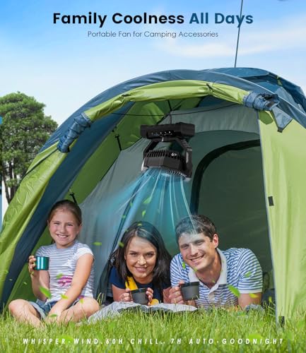 Camping Fan Rechargeable, 60H Long-Lasting Battery Powered Fan - 4 Speeds, 3 Light, Timer, Sleep Mode, Hook, Portable Fans for Camping Gear, Travel Essentials, Tent, RV, Outdoor, Garage, Emergency