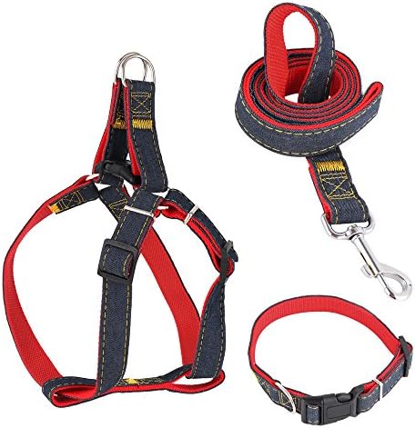 CANSHOW Dog Leash Harness Collar Set, Adjustable Durable Denim, Perfect for Large Dogs Daily Training Walking Running