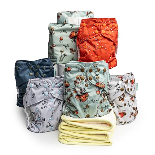 Kinder Cloth Diapers Set of 5 Reusable Baby Diapers Pocket Style Athletic Wicking Jersey, Bamboo Viscose Inserts, Wet Bag, Newborn to Potty Training 7-60lbs, One Size (Forest Fairytale)