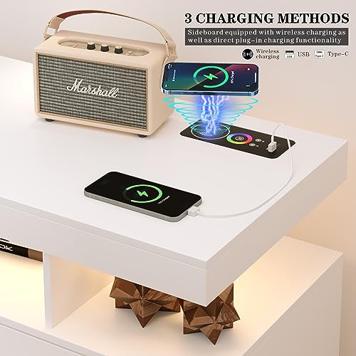 Dystler Sideboard Buffet Cabinet with Storage, 3 Drawers & 2 Doors, Auto-Sensor 20 Color Lights Console Table with Charging Station,Touch Control Console Coffee Bar Table for Kitchen, Dinning (White)