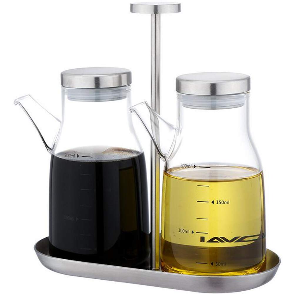XiaoShenLu Olive Oil Dispenser Bottle, Glass Oil Bottle Cruets No Drip, Lead-Free Glass Oil Dispenser, 200ml Set of 2 with Stand