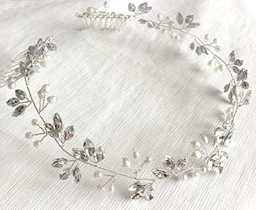 Ammei HeadpieceCrystal Bridal Headpiece Wedding Headband With Genuine Freshwater Pearls And Combs Hair Accessories For Bride Bridesmaid (Silver)