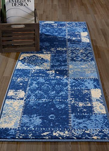 Diagona Designs Contemporary Patchwork Design Non-Slip Kitchen / Bathroom / Hallway Area Rug Runner, 26'' W x 72'' L, Blue / Beige
