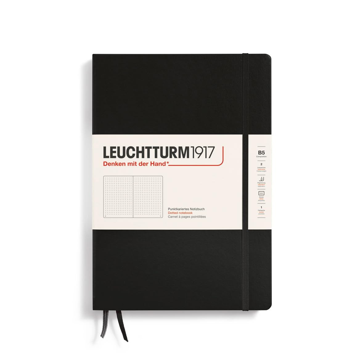 LEUCHTTURM1917 366184 Notebook Composition (B5), Hardcover, 219 Numbered Pages, Black, Dotted