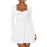 Kaximil Women's Long Sleeve Square Neck Mini Dress Ruched Ruffle Corset A Line Party Short Dresses