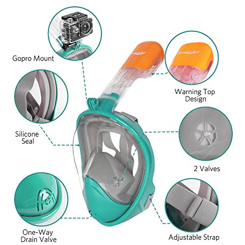 Swonder 180Â° Panoramic Sea View Full Face Snorkel Mask-Tubeless Snorkeling Set, Action Camera Mount & Warning Top, Free Breathing, Anti-Fog & Anti-Leak, Adults & Kids, Aqua S/M