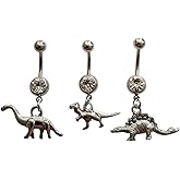 3pcs Punk Dinosaur Dangle Pendant Belly Button Ring, Tiny Velociraptor Charm Stainless Steel 14 Gauge Navel Barbell Ring