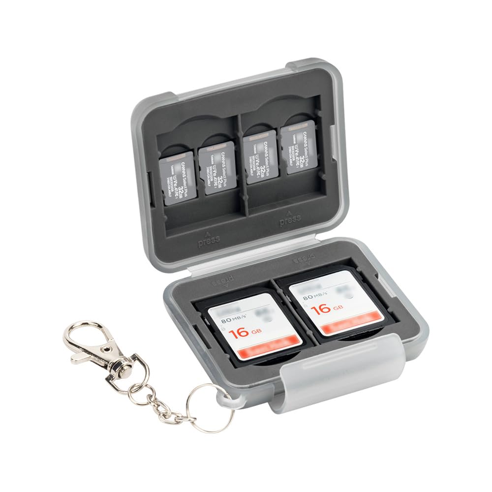 PROfezzion Slim Memory Card Case Water-Resistant Rugged Plastic Holder for 4 SD SDXC SDHC and 8 Micro SD Micro SDXC Micro SDHC TF Cards Storage with Short Chain