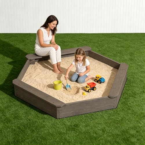 Large Outdoor Hexagon Cedar Wood Kids Sandbox with Cover, 4 Reinforced Benches