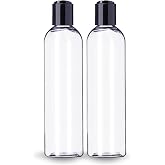 ljdeals 8 oz Clear Plastic Empty Bottles with Black Disc Top Caps, Refillable Containers for Shampoo, Lotions, Cream and More Pack of 2, BPA Free, Made in USA