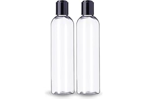 ljdeals 8 oz Clear Plastic Empty Bottles with Black Disc Top Caps, Refillable Containers for Shampoo, Lotions, Cream and More Pack of 2, BPA Free, Made in USA