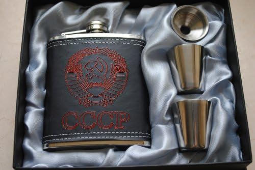 8oz Stainless Steel Hip Flask Russian Flagon Style CCCP Logo 2 Cups 1 Funnel in Gift Box