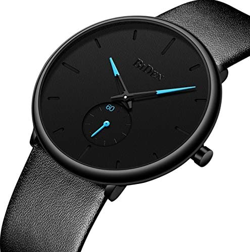 Watch Mens Black Casual Simple Minimalist Ultra Thin Fashion Business Dress Waterproof Quartz Watch with Stainless Steel Mesh Band with Genuine Leather Band