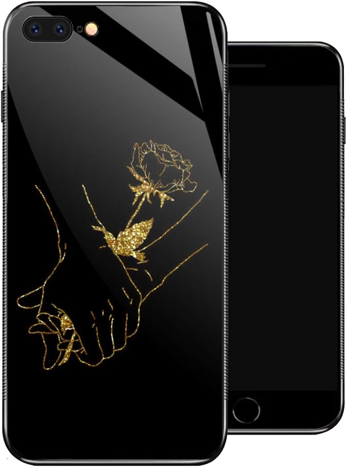 ZHEGAILIAN iPhone 8 Case, Golden Roses Hand in Hand iPhone 7 Cases for Girls,Tempered Glass Pattern Design Back Cover [Shock Absorption] Soft TPU Bumper Frame Support Case for iPhone 7/8 Flower