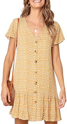 Imysty Womens Polka Dot V Neck Button Down Ruffles Loose Mini Short T-Shirt Dress