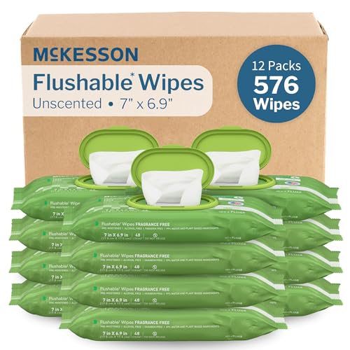 McKesson Flushable Adult Wet Wipes, Unscented, 576 Wipes (12 Pack of 48)