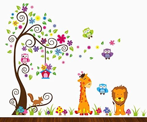 Dekosh Kids Jungle Theme Peel and Stick Wall Decal, Colorful Owl Giraffe Lion Tree Decorative Unisex Sticker for Children Bedroom, Nursery, Playroom Mural