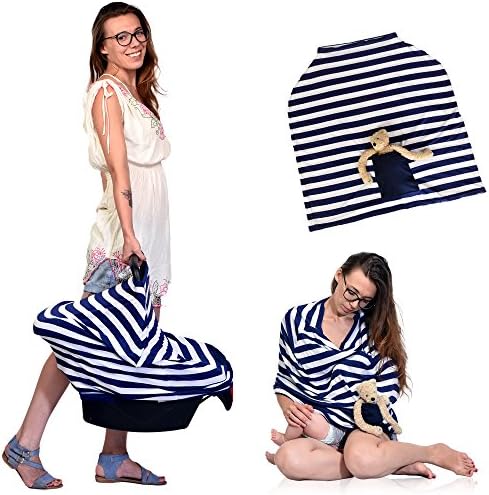 Baby Nursing / Car Seat Cover Stretchy Canopy W / Pocket 3 in 1 Multi-Use Navy Blue / White Free E-Book Bounos