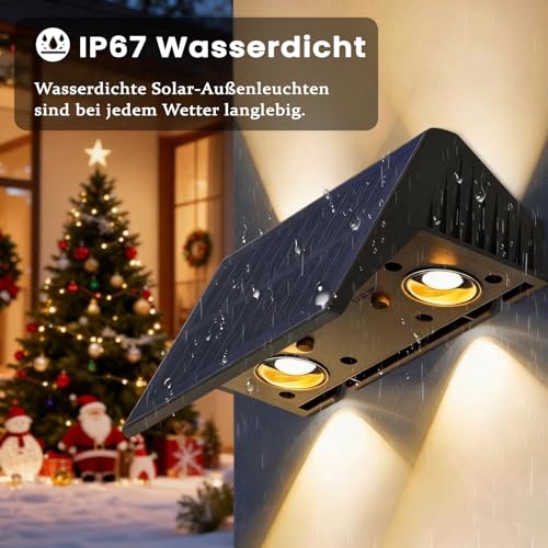 IIRARA Wall Light Solar Outdoor Solar Wall Light Outdoor Solar Lights Up and Down Illuminated 4 LEDs IP67 Waterproof Solar Light for Garden Balcony Patio Stairs Warm White Pack of 4