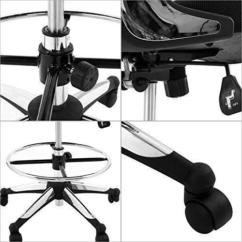 Homevol Ergonomic Swivel Drafting Chair, Height Adjustable Breathable Mesh Back with Steel Footring, Flip-up Padded Armrest Wheel Fabric Lumbar Support Seat - Thumbnail 5
