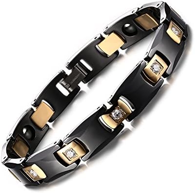 Jaline Elegant CZ Cubic Zirconia Stainless Steel Glaze Ceramic Magnets Therapy Link Bracelet Tone with Free Links Removal Tool，Black Gold