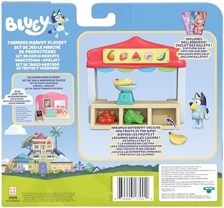 Mini sets de jeu Bluey . Set de jeu Bluey Le stand de marché . Inclus : figurine Bluey articulée, sac de courses, accessoires et billets