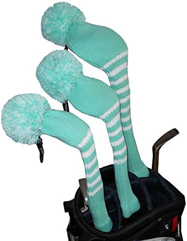 Turquoise Blue Color Golf Pom Pom Head Cover , Set of 3 for Driver/fairway/hybrid with Number Tag #1#3#5, Anti-wrinkle,anti-pilling, Washable