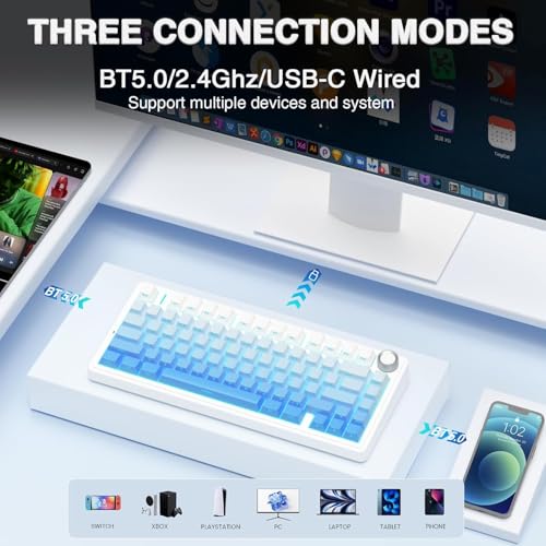 AULA F75 Mechanical Keyboard,75% Wireless Gaming Creamy Keyboards,Hot Swappable Custom Bluetooth Keyboard with Knob, BT5.0/2.4GHz/USB-C,RGB Backlit,Sounding-Switches PBT Keycaps- Gradient Blue